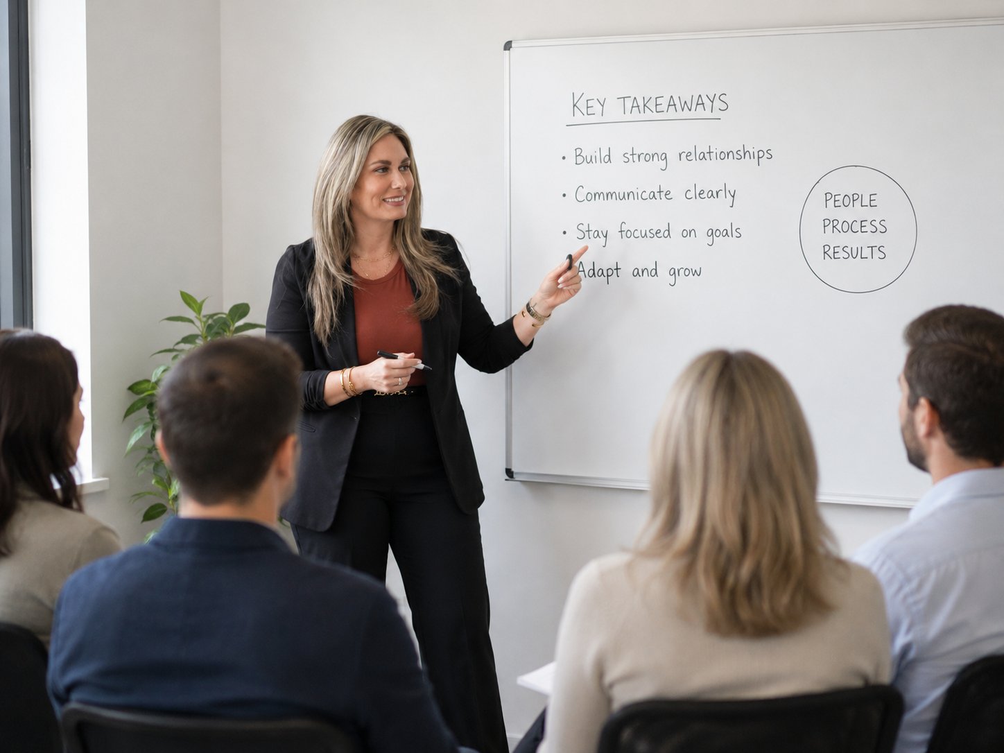 Nicole Meyer facilitating a leadership workshop at a whiteboard with a group of engaged participants