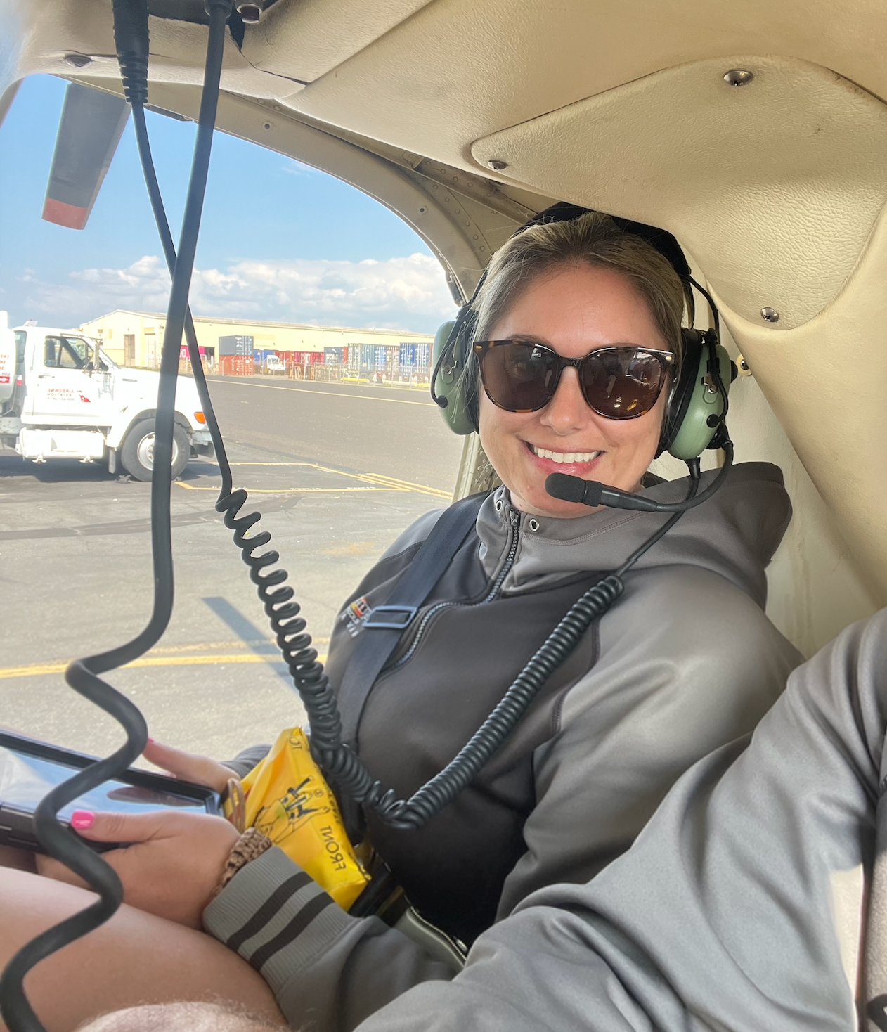 Nicole in a helicopter